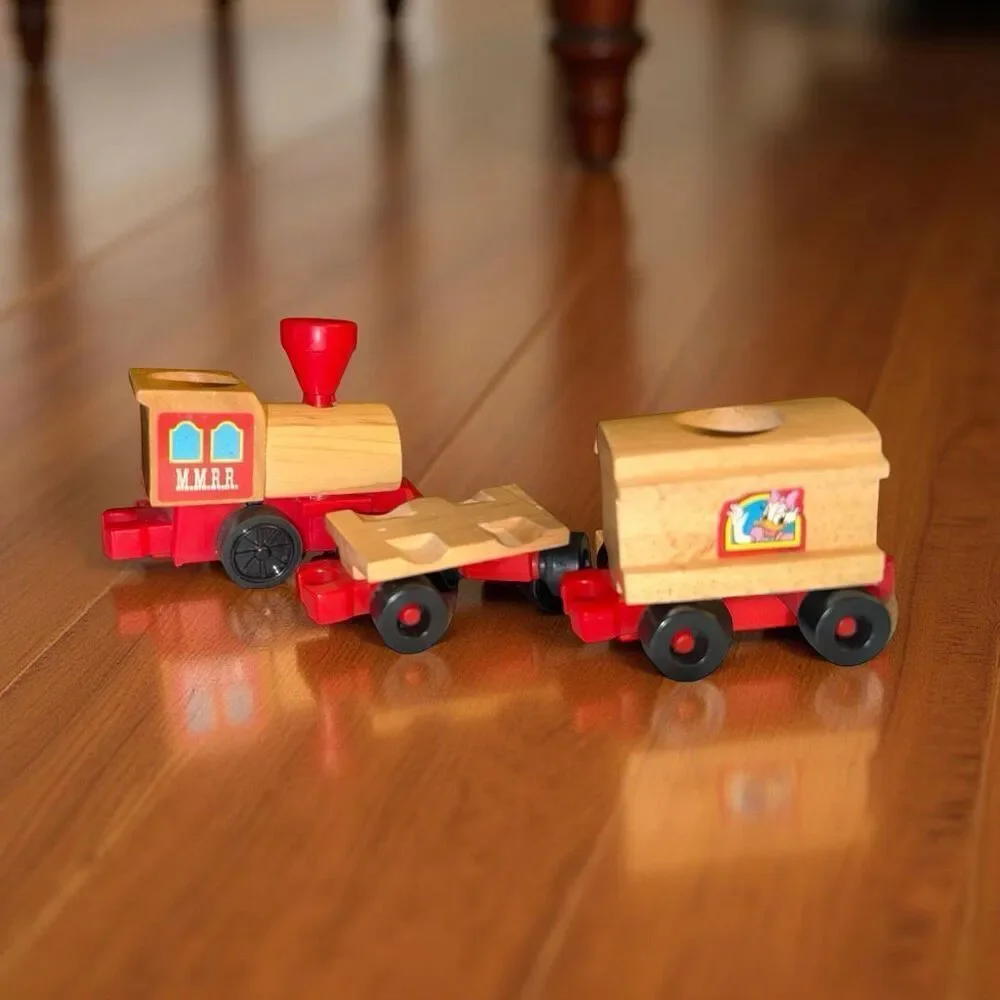 Vintage Mattel Disney Mickey Mouse Rail Road Train Wood & Plastic 3 Pc Set A41